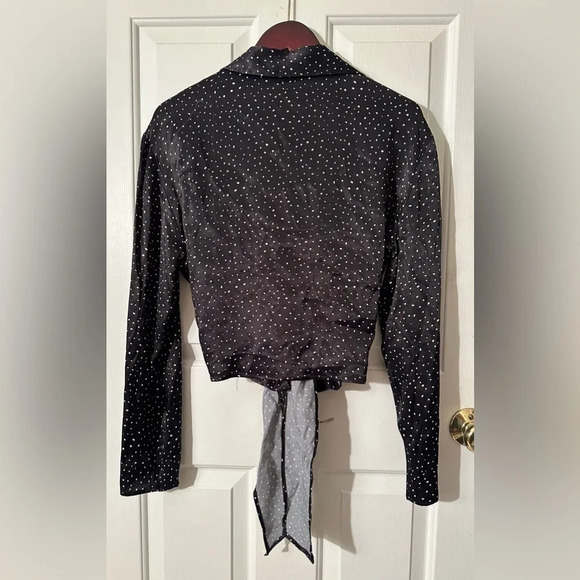 NWT ZARA Black Blouse White Mini Polka Dots Long Sash Wrap Top Collar LARGE - Picture 9 of 12